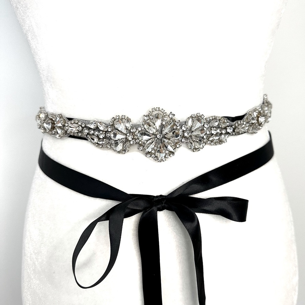 Crystal Stone on Black Ribbon Belt